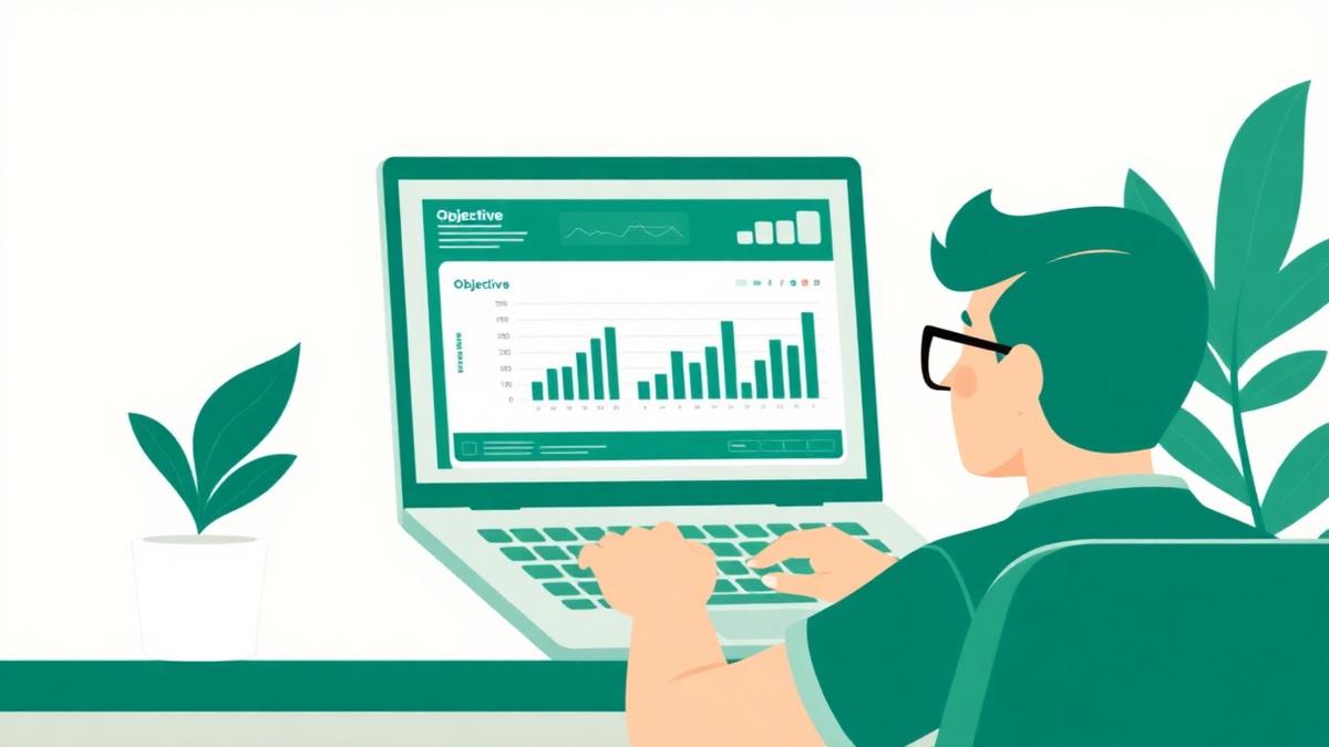 Ilustrasi seseorang menganalisis tabel dan grafik nilai pada laptop